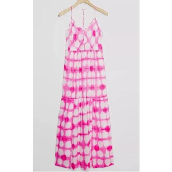 Anthro Plus Maeve Dress Womens Size 1X Pink Maxi Geneva Polka dot Beachy Flowy - Picture 2 of 8